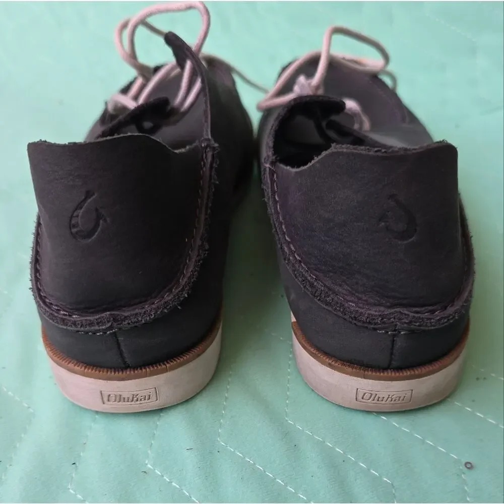 Olukai Holokai Men's Gray Leather Boat Shoes Size 7 Slip On Beach coastal preppy